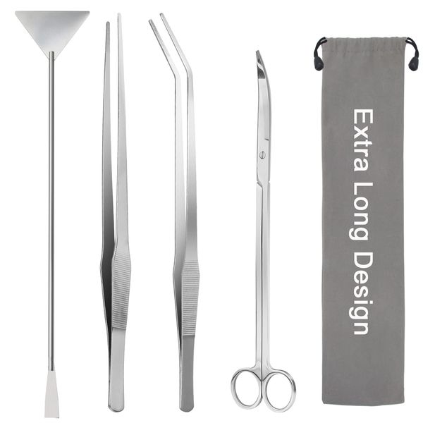 Liveek Aquarium Aquascape Tools Kit 15in, 4 in 1 Anti-Rust Aquatic Plant Aquascaping Tool Stainless Steel Silver Tweezers Scissor Spatula for Aquarium Tank Clean Fish Tank Aquascape Tool Set(Silver)