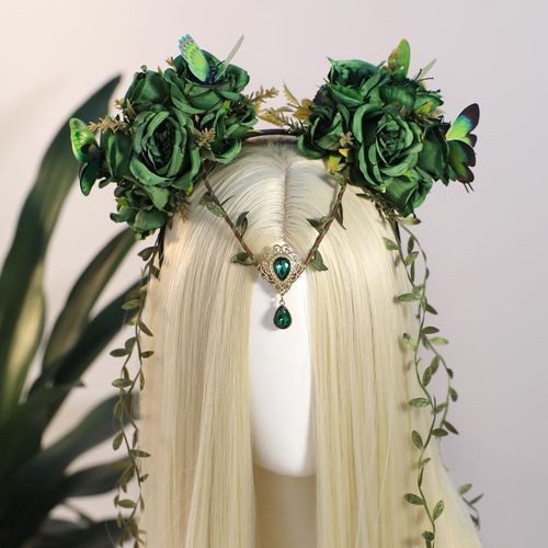 MOSTORY Green Fairy Flower Headpiece - Elf Crown Woodland Floral Headband with Butterfly Forest Fairy Costume for Women Renaissance Renfaire Halloween Cosplay Fantasy Accessory