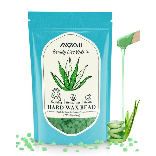 Aloe Hard Wax Beads for Sensitive Skin Waxing, 450g Green Wax Beads for Hair Removal, with Hypoallergenic, Suitable for Arms, Legs, Private Area and Full Body Hair Removal