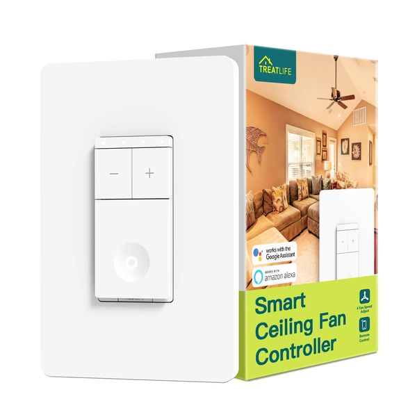 TREATLIFE Smart Ceiling Fan Control, 4 Speed Fan Switch for Ceiling Fan, Neutral Wire Required, Smart Home Devices That Works with Alexa and Google Home, Remote Control, Schedule, No Hub Required