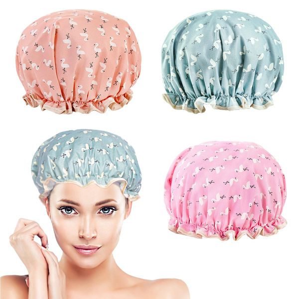 KEYRI 3 Packs Shower Caps Elastic Bath Cap for Women Men, Cute Shower Cap Waterproof Bath Caps Hair Bonnet, One Size Thickened Bath Cap Double Layers Reusable with Flamingo Motif (Pink+Orange+Blue)