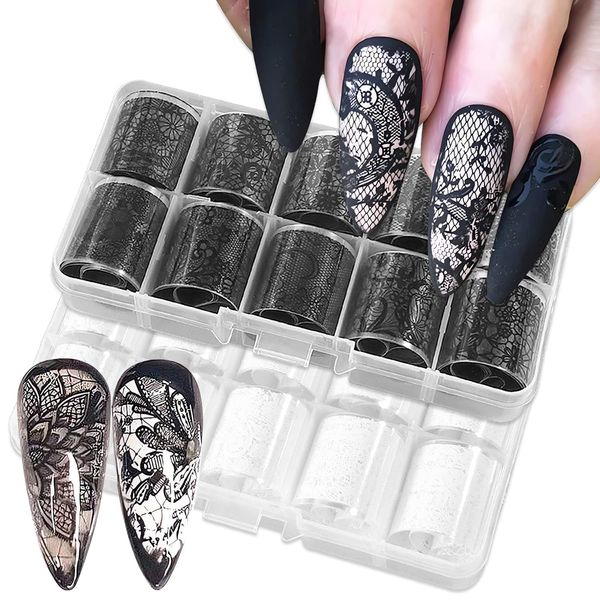 XEAOHESY 20 Rolls Black White Lace Nail Art Foil Transfer Sticker Kit Flower Foil Transfers Decals Lace Flowers Nail Foil Transfer Stickers Sheets Nail Art Sticker Foil Nail Wraps for Foil Nail Art