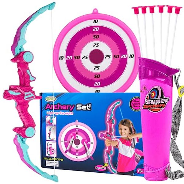 Toysery Bow and Arrow for Kids with LED Flash Lights - Archery Set with 6 Suction Cups Arrows, Target, and Quiver, Practice Outdoor Toys Archery Set for Children Above 6 Years Old (Pink)