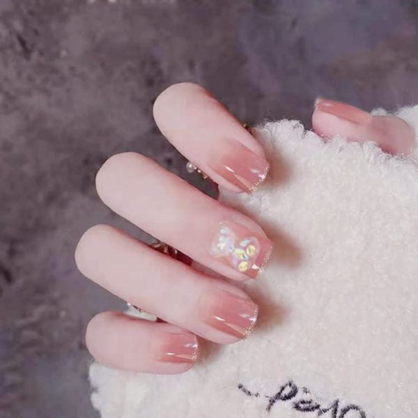 AAGWW Nail Tips, Berry Short, False Nails, Short, Coming-of-Age Ceremony, Mat, False Nails, Cute, Beautiful Shell Supplies, Workshop, Glue Design (Color: Anko, Gradient Phnom Pen Bear, Product Contents: 24 Nail Art + Glue)