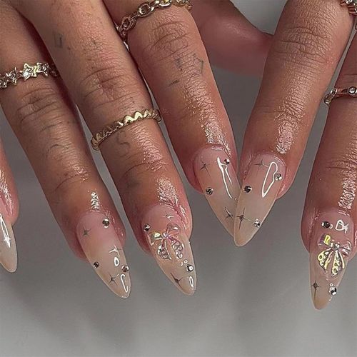 24pcs Medium Almond False Nails, Nude Stick on Nails Rhinestone Butterfly Star Pattern Press on Nails Removable Glue-on Nails Acrylic Full Cover Fake Nails Women Girls Nail Accessories