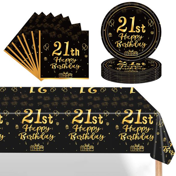 37 Pcs Black and Gold 21st Birthday Tableware Set,Happy Birthday Disposable Dinnerware Set,Black Gold Paper Plates 7 Inch Napkins Table Cloth for Men,Women,Him,Her 21st Birthday Gifts Party Supplies