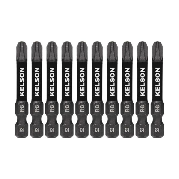 10 x KELSON PH3 50mm Phillips 3 Impact Rated Screwdriver Bits 1/4" Universal