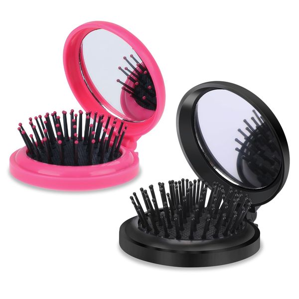 Reise Haarbürste für Damen, 2 Pack Mini faltbare runde Haarbürste mit Spiegel kleiner Haarkamm Haarbürste im Taschenformat tragbare Haarstyling Werkzeuge (Schwarz, Pink)