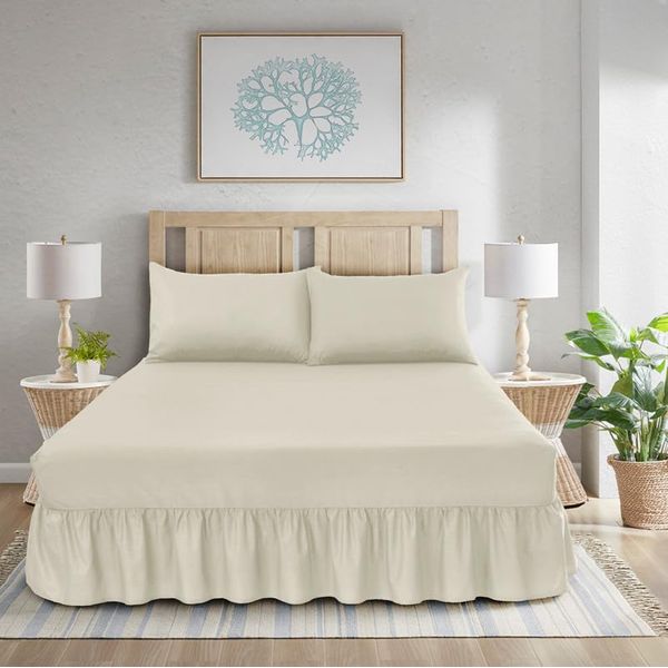 WEAVERS: 3 Pcs Luxurious Plain Frilled Valance Deep Fitted Sheet, Includes Pillowcase Pair. (Size Double Colour Mocha)