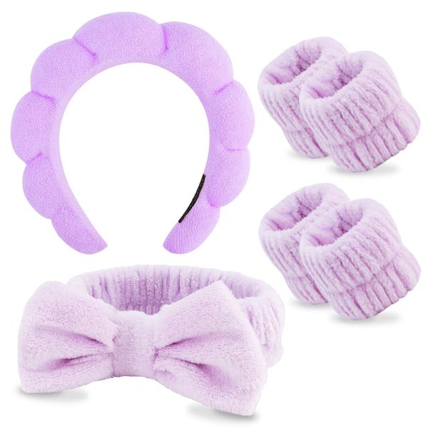 AOPRIE SPA Headbands for Washing Face Makeup Headbands with Bow Hair Band Women Facial Head Band Wrist Towel Wraps For Shower Face Mask Purple, 6 Pack