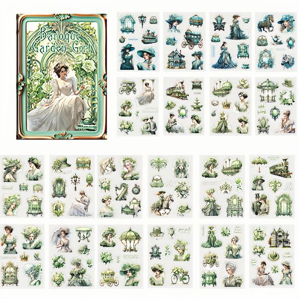 Diyxisk Scrapbook Stickers,20 Stücke Scrapbook Zubehör Barock Garden Girl Sticker Set Bücher Zubehör,Verwendet Dekorieren von Fotobüchern Aufklebern Accessoires Selbstklebenden Diy (Grün)