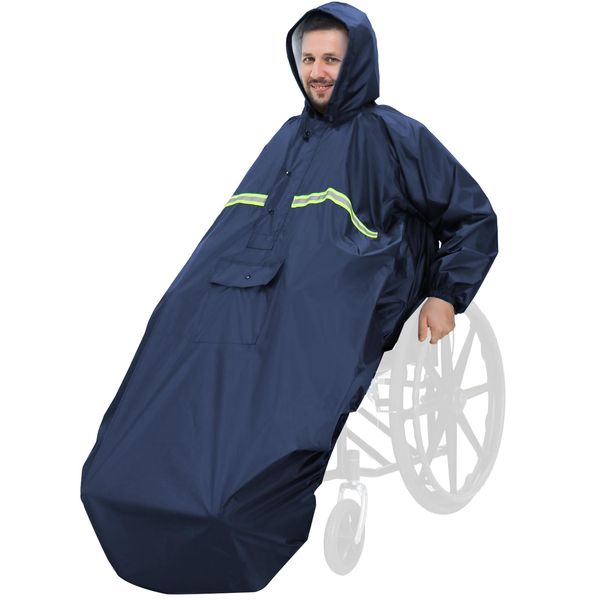 Anyoo Waterproof Wheelchair Poncho Cover with Sleeves, Lightweight Rain Poncho Cape Shield with Elastics Provide Dry Protection for Wheelchairs, Unisex, Dark Blue, One Size