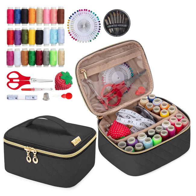 LoDrid Sewing Set, Sewing Set, 24 Colors Sewing Thread, Portable, Storage Bag Included, Sewing Tool Set (Black)