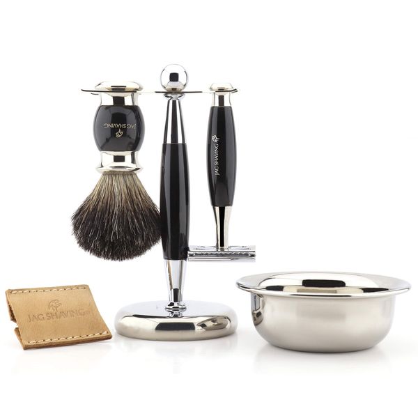Jag Shaving Luxus-Rasierset für Herren, mit doppelseitigem Rasierhobel, Rasierpinsel, Rasierpinsel, Ständer, Schale und Lederetui für Rasierhobel