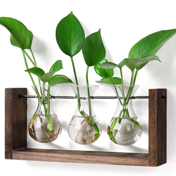 YIBOT Plants Propagation Stations,Plant Terrarium with Wooden Stand Wall Hanging Glass Planter Plant Propagation Vase for Indoor Office Home Garden Decor Plant Lover Gifts for Women-3 Vase