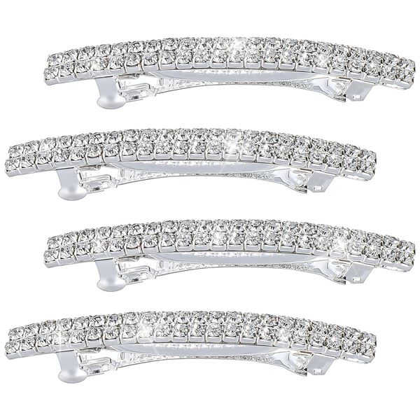 Xinjoduz 4 PCS Rhinestone Bling Hair Clips, Silver Crystal Ponytail Holder Side Clips Sparkly Metal Spring Small Hair Barrettes for Women Girls Bridal Wedding Engagement Prom Valentines