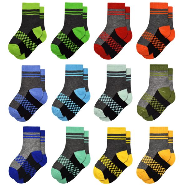 GENTABY Boys Crew Socks Novelty Plaid Kids Multiple Colour Elastic Mid Cut Toddler Socks Fashion Casual Breathable Boy Sport Socks 12 Pairs for 2-4 Years Children