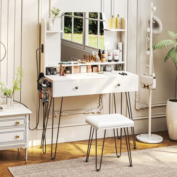 TC-HOMENY Makeup Vanity Table Set with Power Port & Vanity Stool Dressing Table