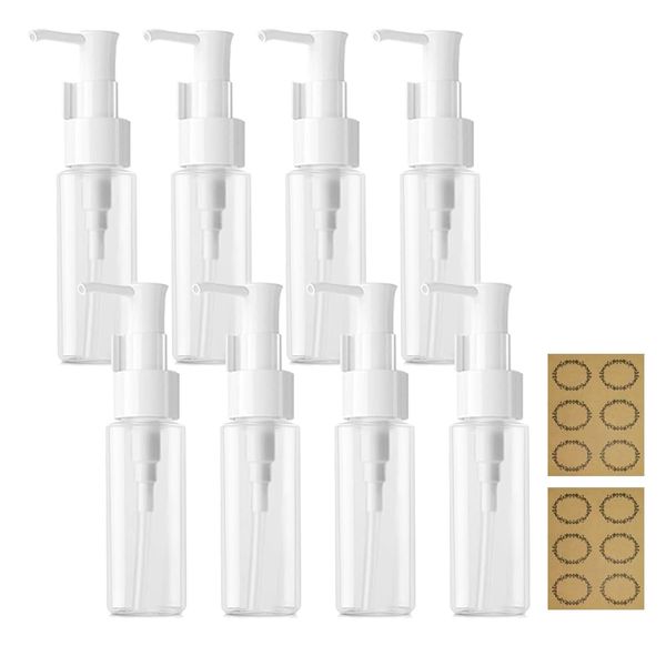 8Pcs 50ML Empty Lotion Dispenser - Apstaqeoo Refillable Clear Plastic Oval Travel Bottles Makeup Cosmetic Flat Container Dispenser with Pump Head & Labels for Gel Creams Shampoo Massage Cleansing Oil