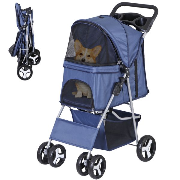 Pet Stroller 4 Wheels Dog Cat Stroller Foldable Pet Stroller w/Cup Holder Blue