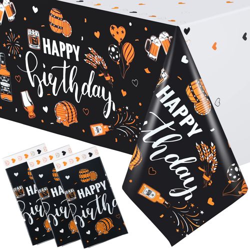 3 Pieces Whiskey Birthday Tablecloth Whiskey Cheer Happy Birthday Table Cover Beer Tablecloth Party Decorations for Men Beer Theme Parties, 54 x 108 Inches