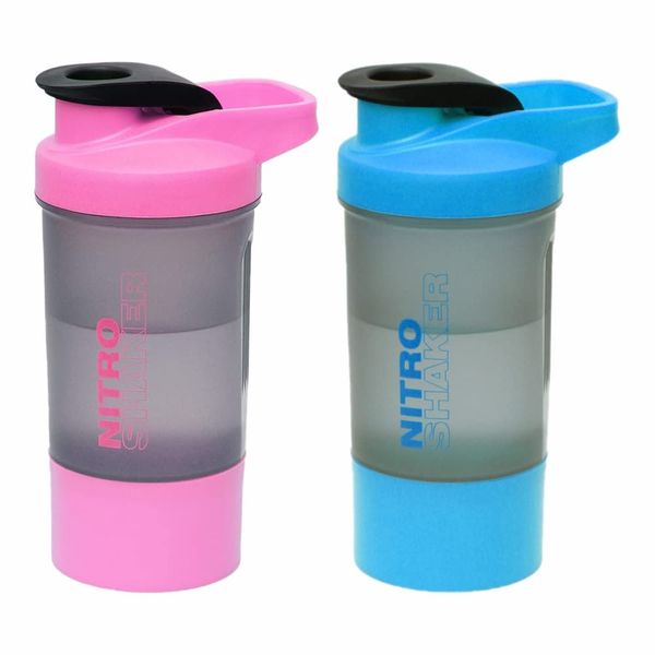 Protein Shaker Bottle (600ml) Set of 2 Leakproof BPA Free Premium Shaker for Protein Shakes, Gym/Sports Pre-Workout Drinks- with Metal Mix Ball Secure Twist Off Lid Storage Compartment (Blue + Pink)