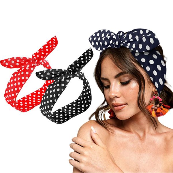 Dinghaole 2 Pcs Head Scarf, Red Black Boho Bow Polka Dot Headbands for Girls and Women, Retro 1940s Headscarf Vintage Twist Bow Wire Headbands Headwrap Hair Accessories