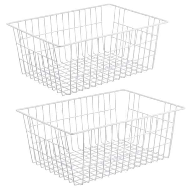 iPEGTOP Wire Storage Freezer Baskets, Set of 2 Large 15.4" Household Metal Organizer Storage Bins Basket for Kitchen Cabinets, Refrigerators, White