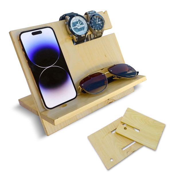 SHOPUKASA Wooden Phone Stand | Docking Station | Nightstand Organizer | Valet Tray for Men | Bedside Table | Birthday Gift for Husband, Dad | Watch & Key Holder – Beech