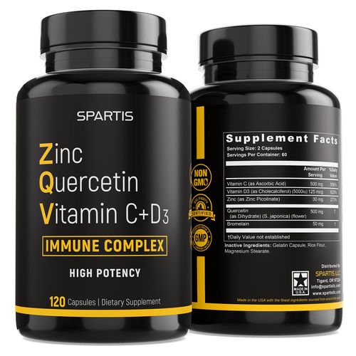 Zinc Quercetin 500mg with Vitamin C Vitamin D3 Bromelain Immune Support High Potency Quercetin Zinc Supplement ZQV (Pack of 1 at 120-Caps)