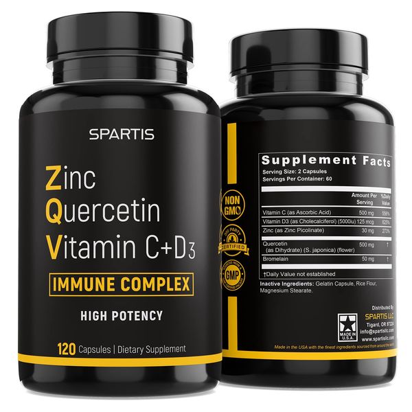 Zinc Quercetin 500mg with Vitamin C Vitamin D3 Bromelain Immune Support High Potency Quercetin Zinc Supplement ZQV (Pack of 1 at 120-Caps)