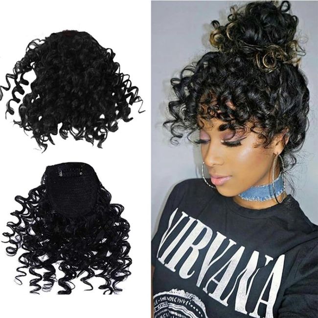 RUSTAMM Short Black Afro Puff Drawstring Ponytail Extension Kinky Curly Bangs Clip Short for Women Wig piece