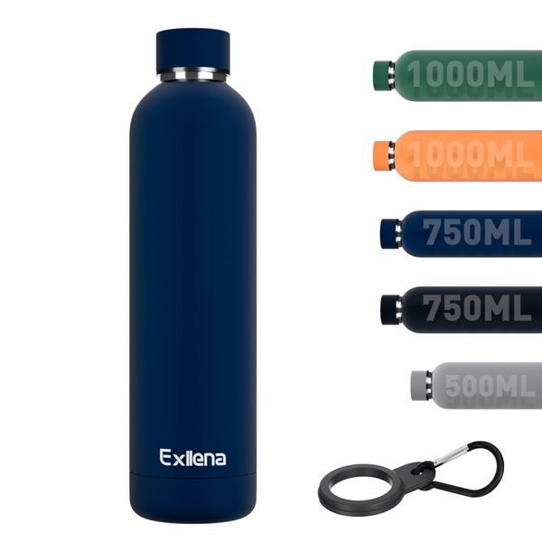 Exllena Insulated Water Bottles 1l with Clip, Double Wall Vacuum Drinks Bottle Keeps Drinks Cold 24 Hrs/Hot 12 Hrs, Stainless Steel Water Bottle BPA Free (Dark Blue)