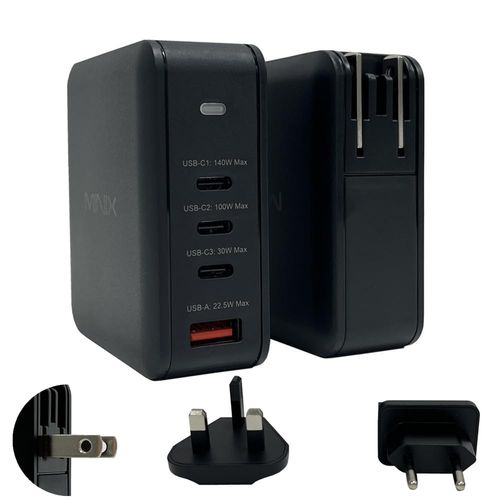 MINIX P165 4 Port Wall Charger 165W Turbo, with 3 USB-C ports, 1 x USB-C1 PD3.1 (140W) 1 x USB-C2 3.0 (100W) 1 x USB-C3 3.0 (30W) + 1 x USB-A 22.5W Fast Charging for laptop, tablet, Smartphone, Black