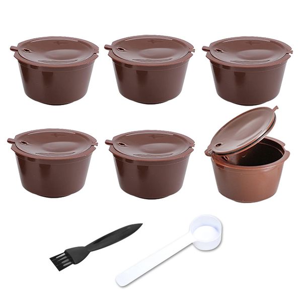 Reusable Coffee Pods, 6 Pieces of Coffee Capsule Cups, with 1 Plastic Spoon and 1 Cleaning Brush, Reusable Coffee Capsules Filter Cups Pods, Filter Pod Cups for Ground Coffee(Brown)