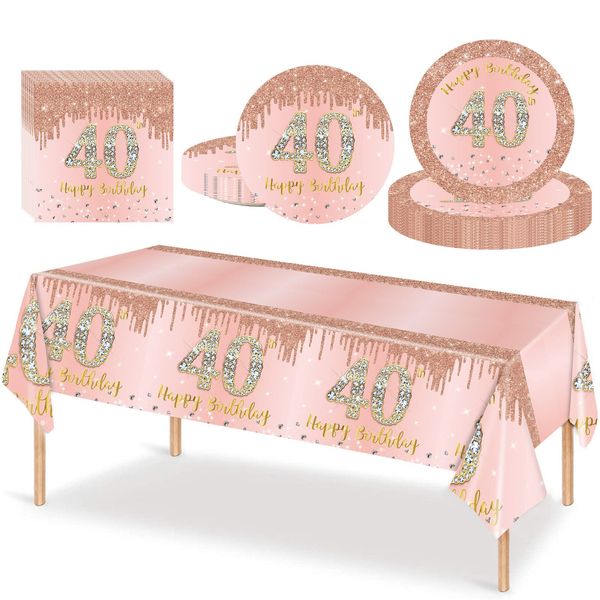 53Pcs Rose Gold Happy 40th Birthday Party Tableware Plastic Table Cloth,7,9inch Paper Plates,Napkins for Her Birthday Table Decorations Disposable Party Tableware Set for Women Adults Birthday Party