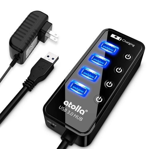 USB 3.0 Hub with Powered, atolla 4 Port High Speed USB 3.0 Expansion + 1 Charging Port USB Hub with Independent Switch 5V/3A AC Adapter