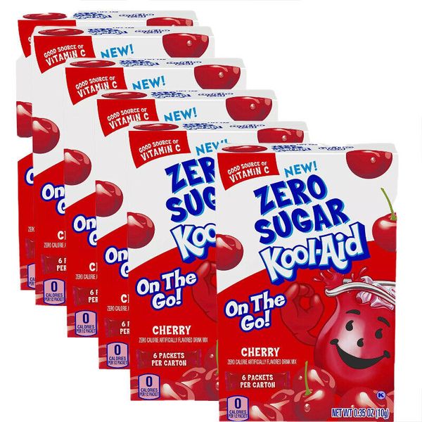 6 Boxes Kool-Aid Cherry Zero Sugar Drink Mix Singles To Go (36 Packets)