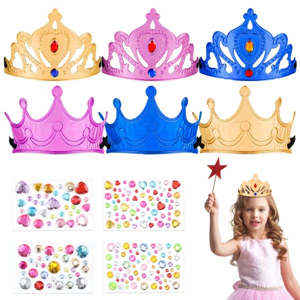 Weysoo DIY Crown Set, 8pcs Princess & Prince Tiaras Foam Crowns with Crystal Diamond Stickers, Kids Party Supplies (Multicolor-foam)