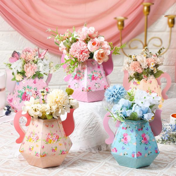 Fulmoon 6 Pcs Tea Party Decorations 6.7'' Flower Boxes Centerpiece Princess Tea Party Centerpieces for Tables Teapot Vase Table Decoration for Floral Tea Themed Birthday Party Baby Shower Wedding