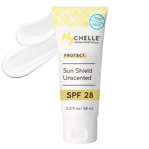 MyCHELLE Dermaceuticals Sun Shield SPF 28 Unscented (2.3 Fl Oz) - Soothing Reef Safe Sunscreen with Vitamin E and Aloe - Travel Size Zinc Sunscreen for Face and Body