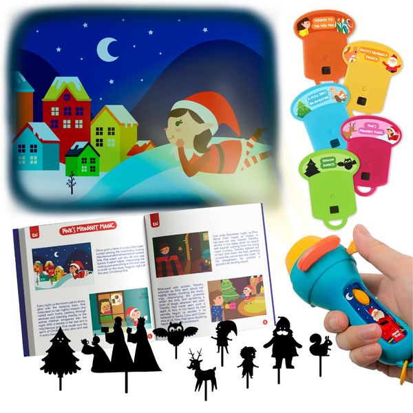 Nene Toys Christmas Fairy Tales Interactive Book with Flashlight Projector & Shadow Puppets - Magical Stories & Theatrical Playset for Kids 3+ Years - 5 Languages - Perfect Holiday Bedtime Kit