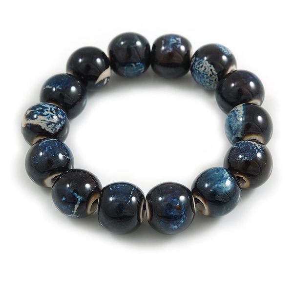 Avalaya 15mm Blue/White Round Ceramic Bead Flex Bracelet - Size S/M