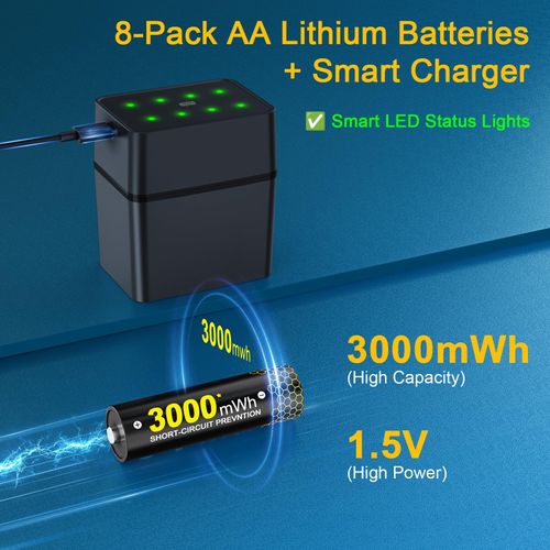 All-in-One 8-Pack Lithium AA Batteries & Charger Box Kit, 3000mWh Batteries with 2000 Cycles & 2H Quick Charging & Storage Box, USB-C 5V/3A, Great for Camera, Toys Home & Outdoor Gadgets