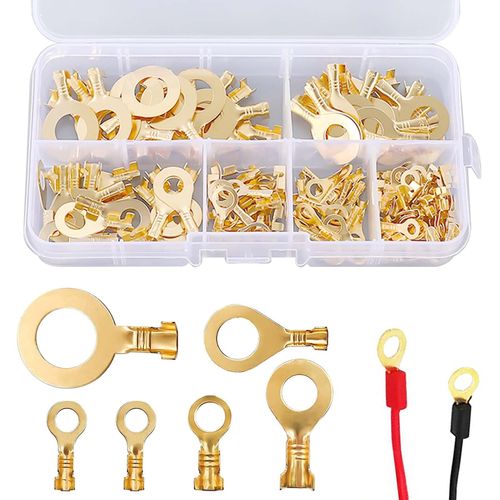 Round Terminal Connector Kit, Brass Crimp Cable, Brass Crimp Cable Terminals (Set of 150), Various Sizes M3, M4, M5, M6, M8, M10, Automotive, Appliance Socket, Cable Lug Wire Terminal Kit, Connector Set, Ring Cable Terminal for Wire Connections