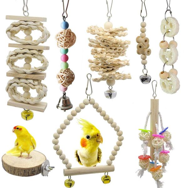 Barleycorn Bird Toys, Bird Toys, Parrot Swings, Bird Goods, Bird Playground, Hanging Toy, Budgie Toy, Chewing Toy, Raw Wood (Set of 8)