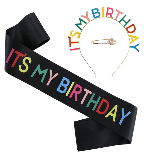 Huazontom Birthday Crown Brooch 3-piece Set, IT`S MY BIRTHDAY, Party Goods, Birthday Headband, Party Hat, Birthday Decoration, Colorful + Black, My Birthday