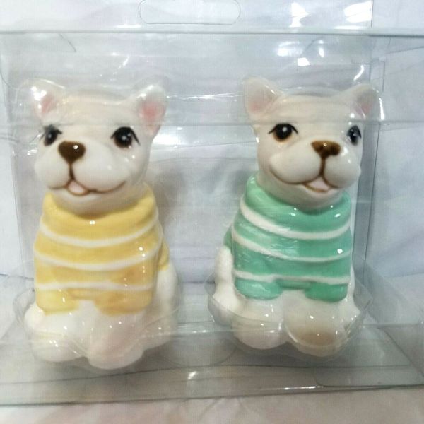 Bulldogs White Ceramic Salt & Pepper Shakers Yellow & Green Stripes Pet Decor