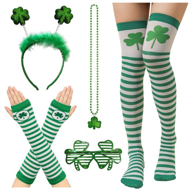 5 Pcs St. Patrick's Day Shamrock Headband Clover Beads Necklace Glasses Eyeglasses Green Striped Stockings Gloves Women Hair Hoops Chain Headpiece Leprechaun Irish Day Festival Dress Up Party Supplies