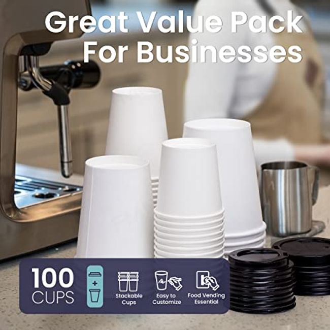 [50 PACK] 4 oz White Disposable Paper Coffee Espresso Cups with White Lids  - White Paper Disposable Coffee Hot Tea Cups Espresso - Bio Degradable Eco